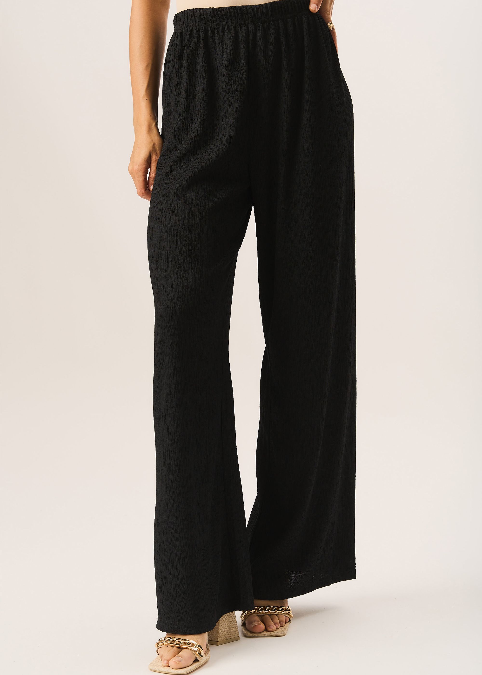 Gini London Black Textured Pull On Wide Leg Trousers