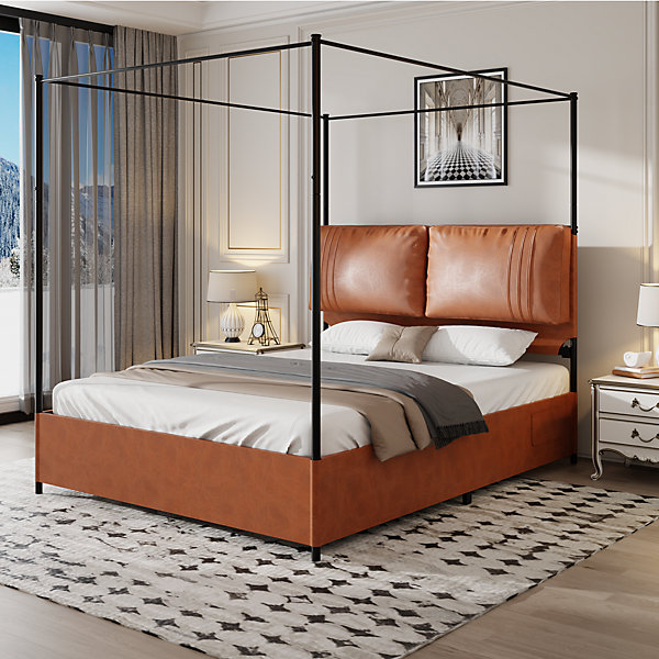 Lit Double 140x200 cm - Lit Adulte en PU avec Têtières Amovibles et Boucles Métalliques - design Moderne - Sans Matelas - Beige