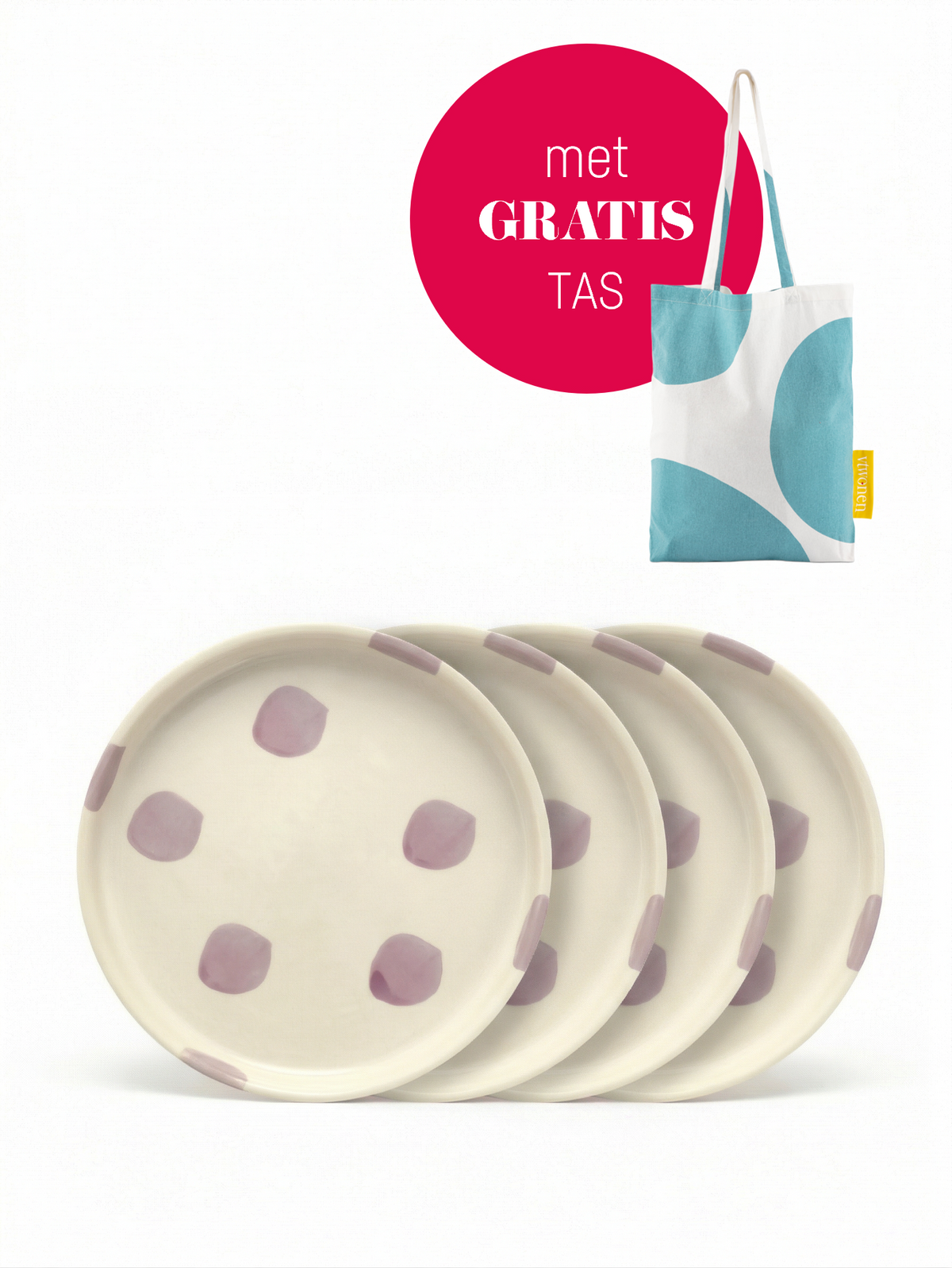 vtwonen - Gebaksbord - Stippen - Lila - Keramiek - 13cm - Set van 4