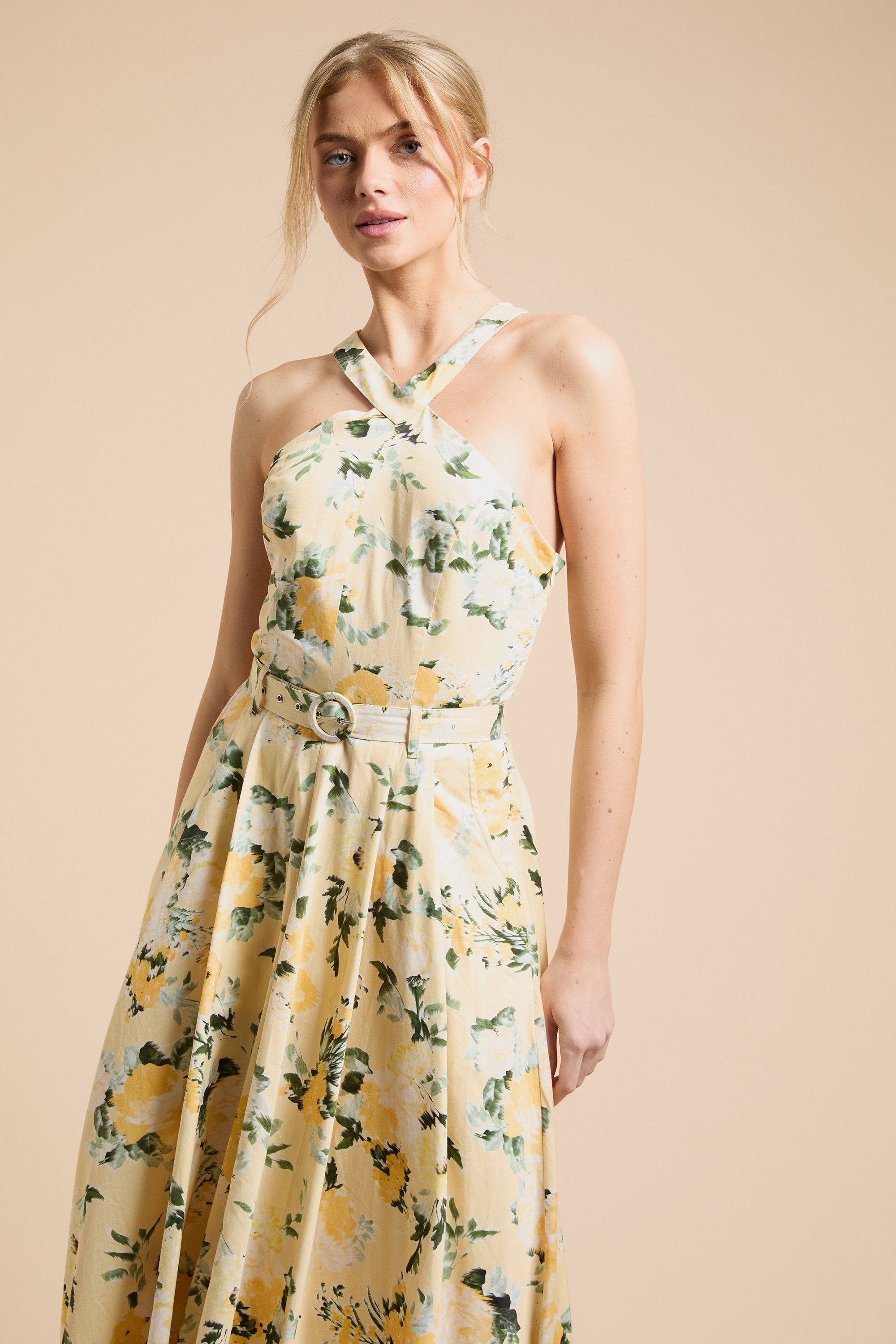 Oasis Lemon Floral Halter Cotton Poplin Midi Dress