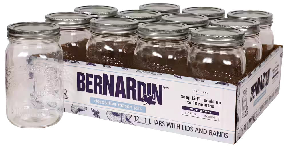Bernardin Wide Mouth Decorative Glass Mason Jars with Snap Lids, 1 L, 12 Count