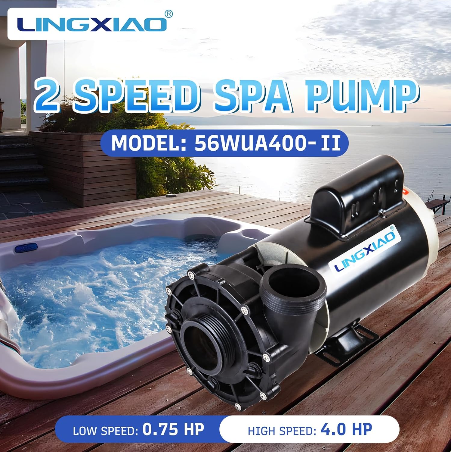 SPA Pump  4HP Hot Tub Pump - 2 Speed LX SPA Pumps Motor 220-240V  2 Port  56 Frame (Model: 56WUA400-II)