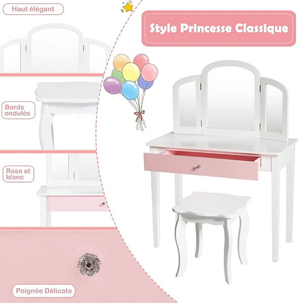 Coiffeuse Enfant Fille, Table de Maquillage avec Tabouret et Miroir Amovible, Table Fille avec Tiroir, 70X34X95 CM (Blanc)
