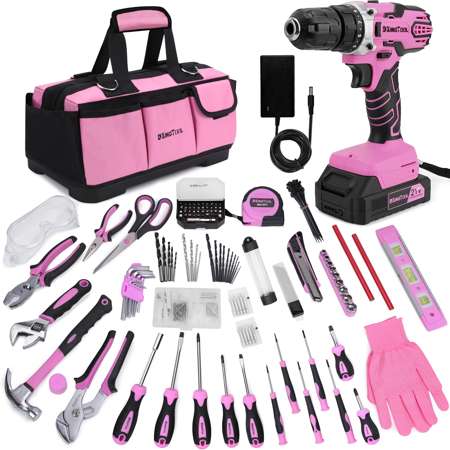 KingTool 267-Piece Tool Kit Set - Pink Tool Set with 21V Cordless Pink Power Drill Driver, Tool kit for Women with Pink Tool Storage Bag, Womens Tool Kit for House, Perfect for Home DIY Projects