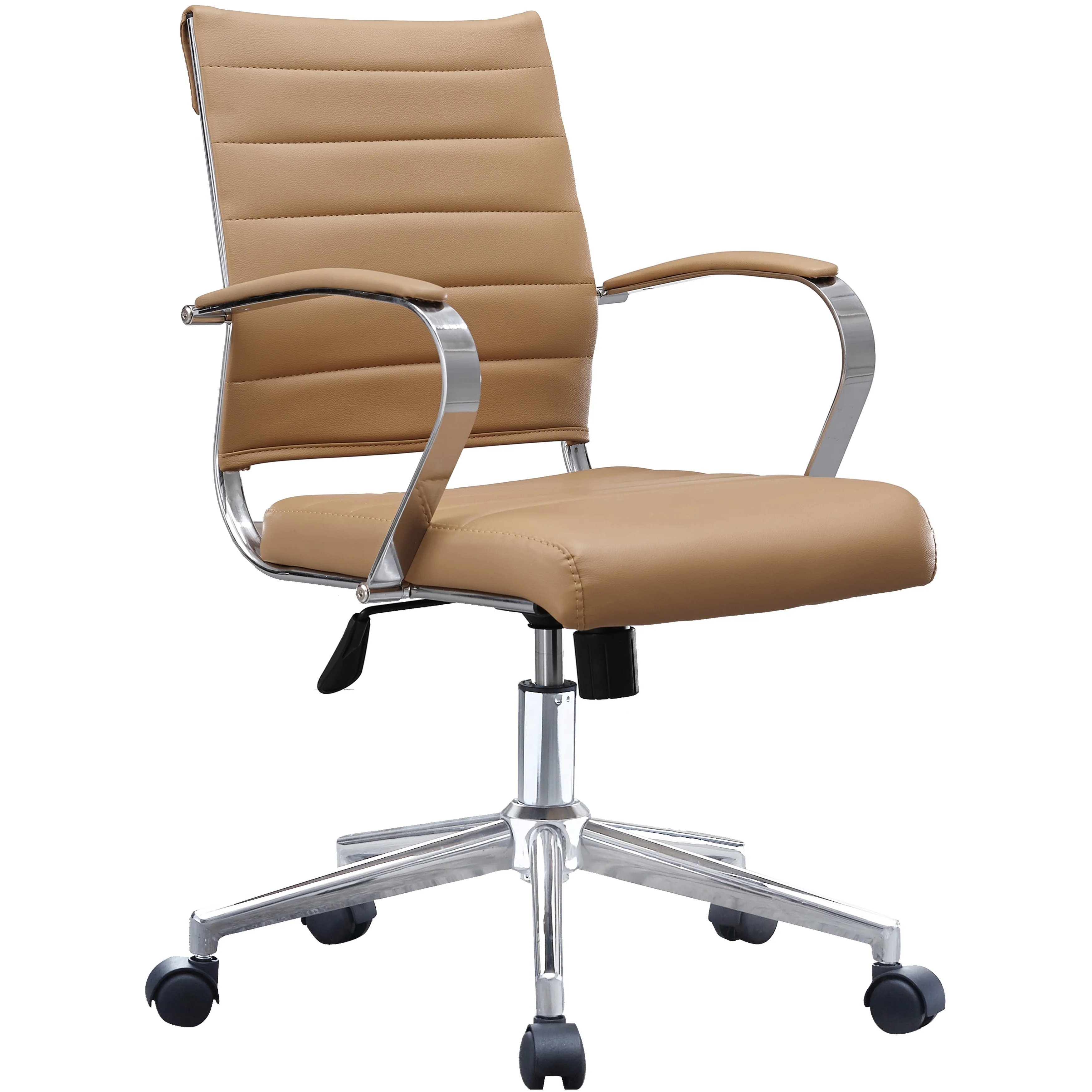 Modern Office Desk Chair Mid Back Ribbed PU Leather Armless Conference Task Chair with Padded Foam Seat, Tan