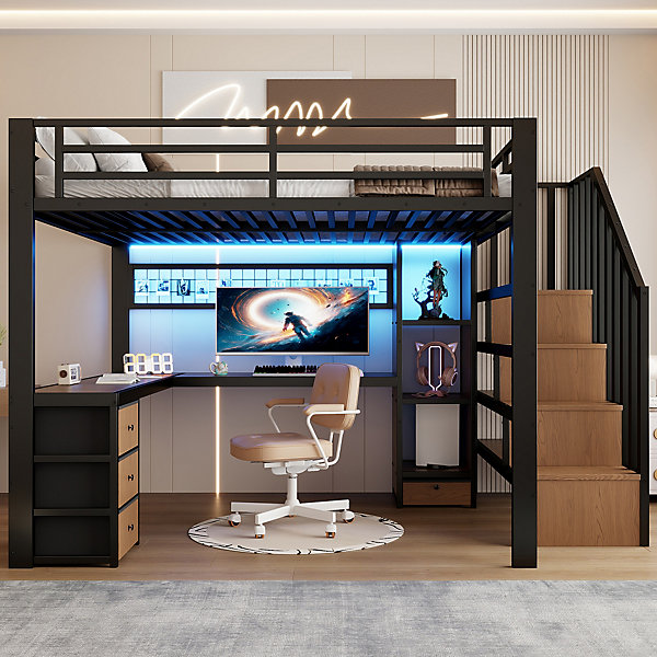 Lit Mezzanine 140x200 cm - avec LED, Bureau et 4 Tiroirs de Rangement - sans Matelas - Métal - Noir