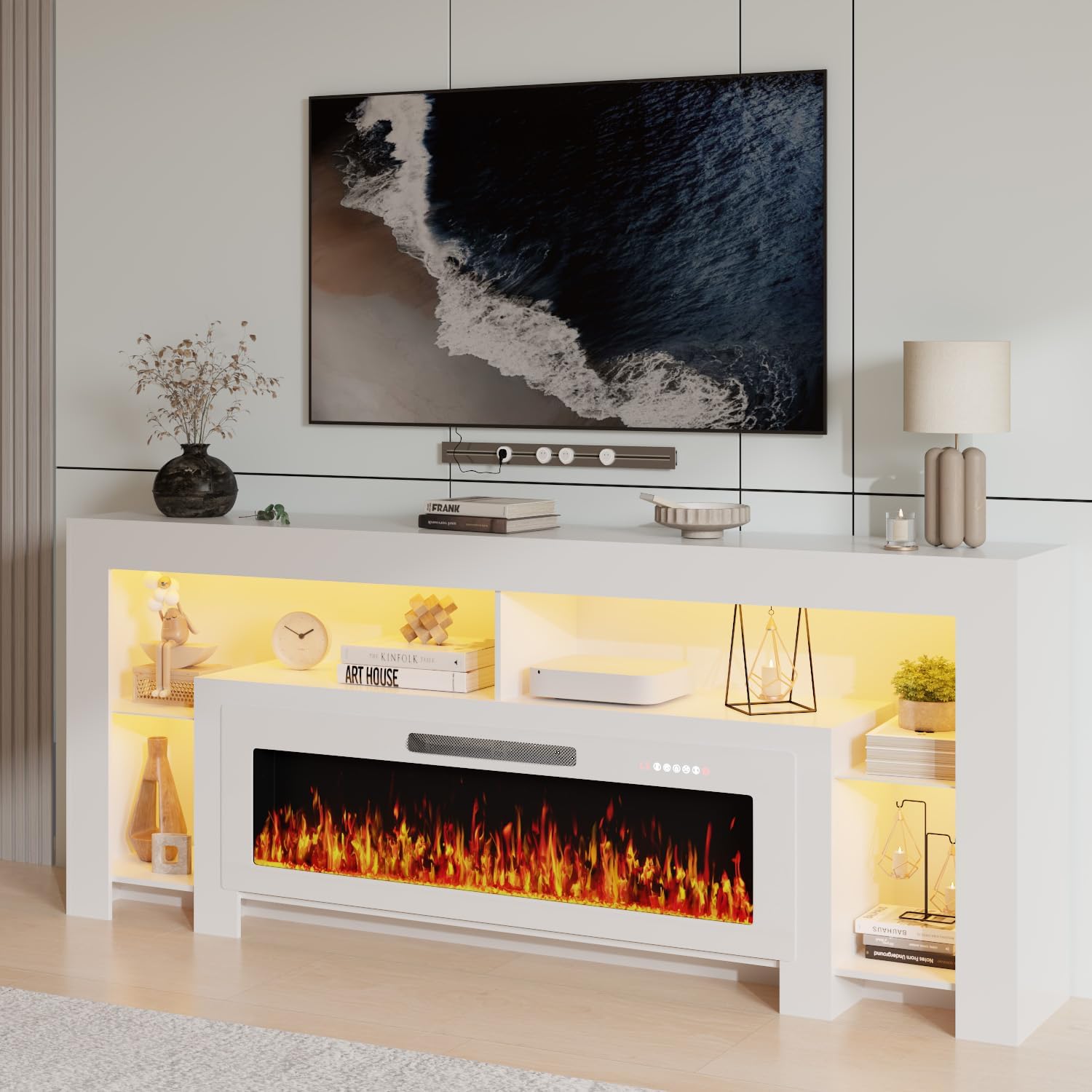 LEMBERI 80 inch Fireplace tv Stand with 50 inch Fireplace Up to 90 TVs,LED Light Entertainment Center and Storage, Modern Wood Media TV Console for Living Room