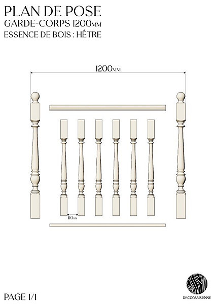 Kit garde-corps bois massif tourné - Longueur 1200mm