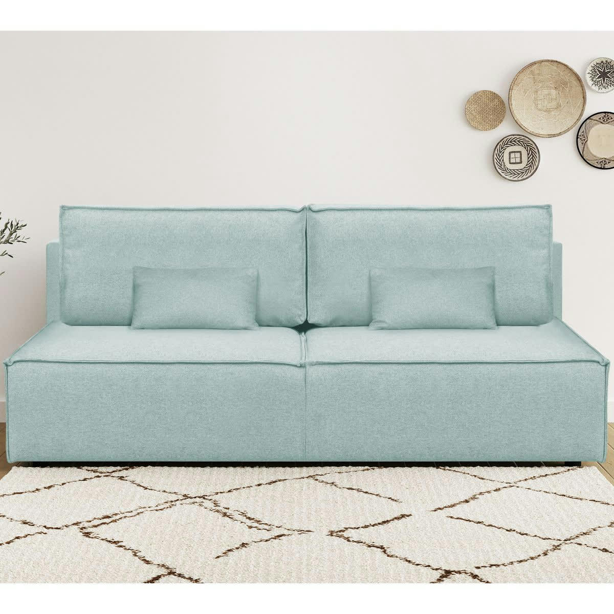 MILLA NEW - Canapé convertible 3 places avec coffre en tissu bleu pastel