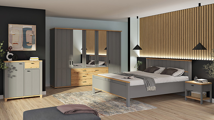 Szafa Hygge 267 cm z 5 drzwiami i 3 szufladami szara/dąb artisan