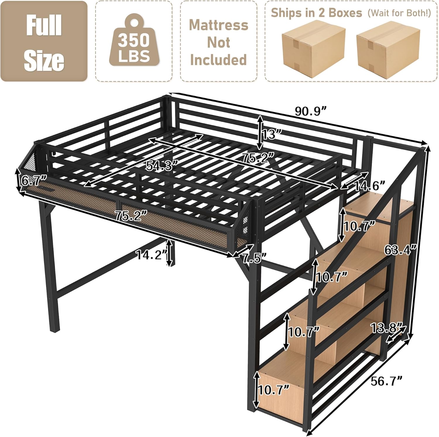 Bellemave Loft Bed Full Size with Storage Stairs, Beside Shelf & Wardrobe, Metal Full Size Loft Bed with USB Ports & LED Light, Large Under-Bed Space Loft Beds for Adults, Teens, Kids, Black Natural