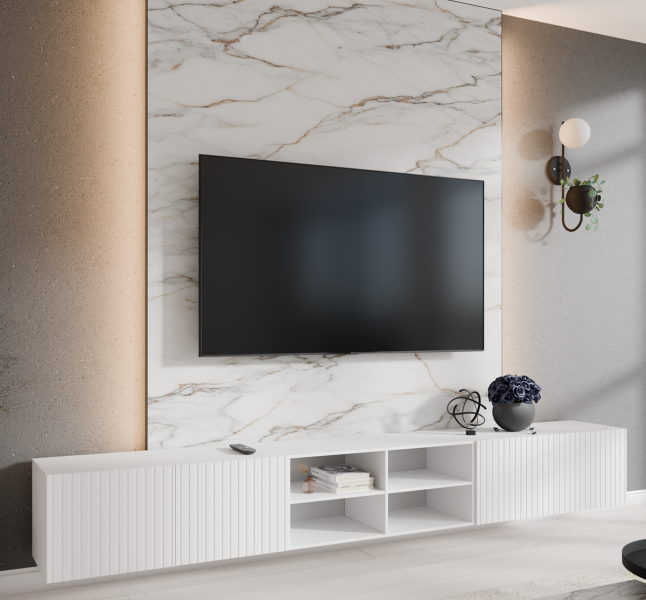 Szafka RTV RIO 300 cm otwarta z półkami do salonu, ryflowana- biała