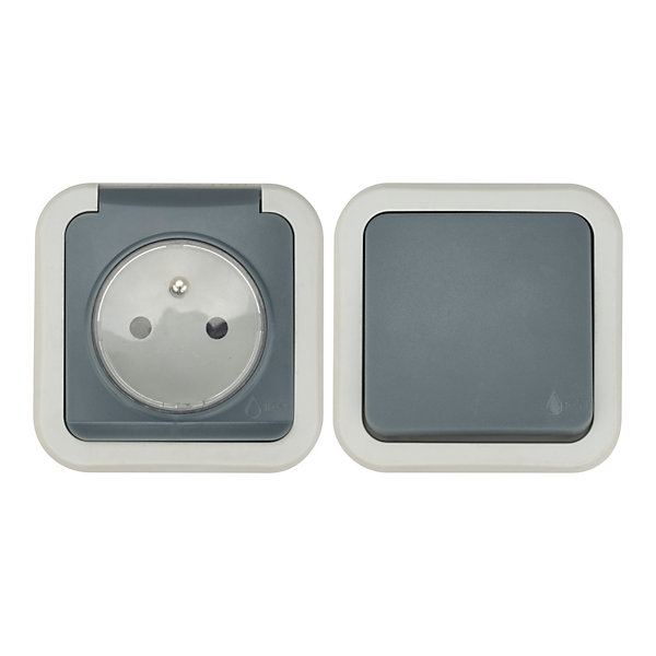 Ensemble 2 prises avec terre monobloc et 1 interrupteur va-et-vient étanche Jacobsen Malinn