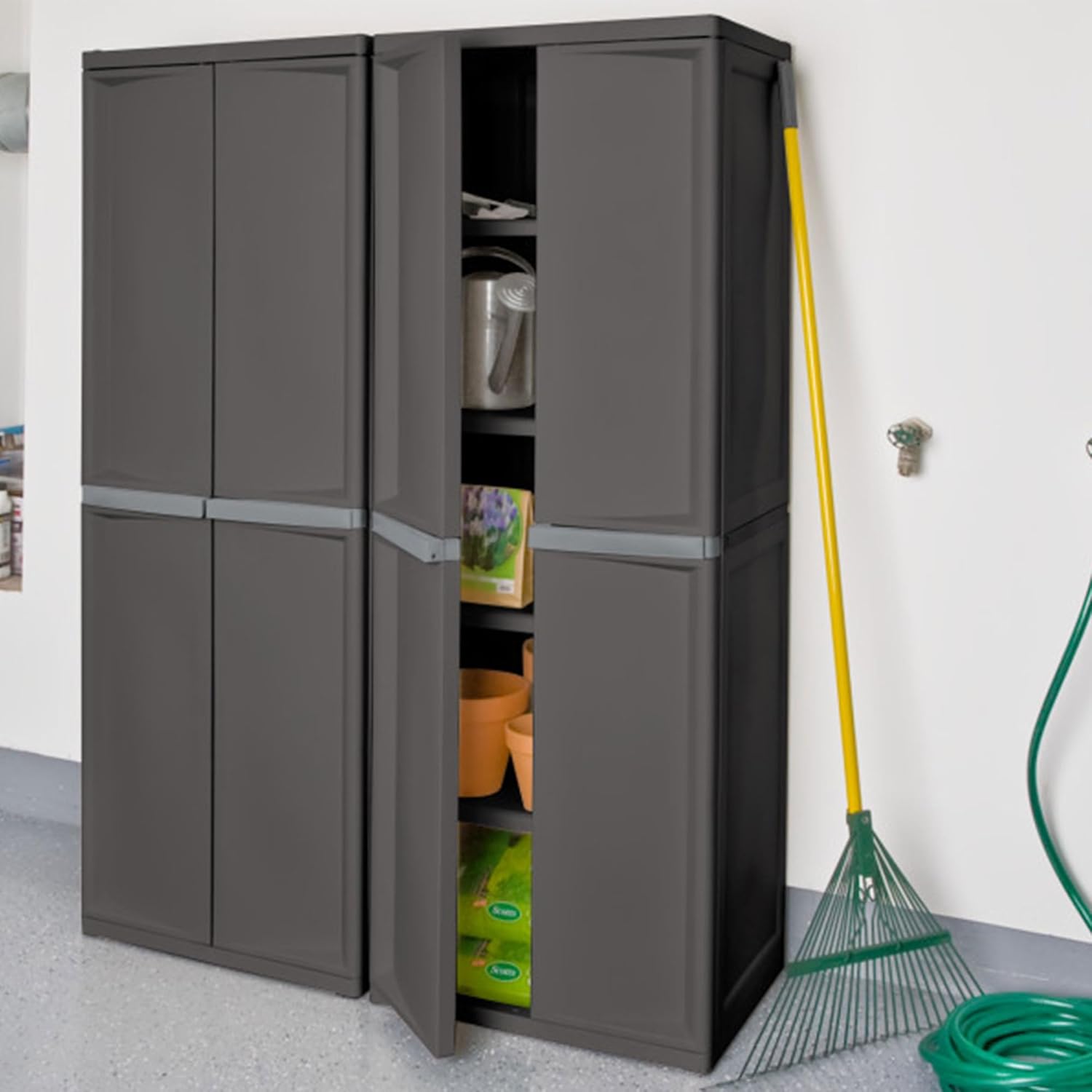 Sterilite 4 Shelf Cabinet, Heavy Duty and Easy to Assemble Plastic Storage Unit, Organize Bins in the Garage, Basement, Attic, Mudroom, Gray, 1-pack