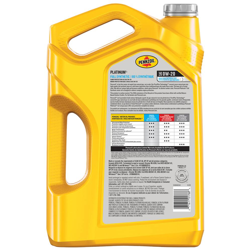 Pennzoil Platinum 0W20 Synthetic Engine/Motor Oil, 5-L