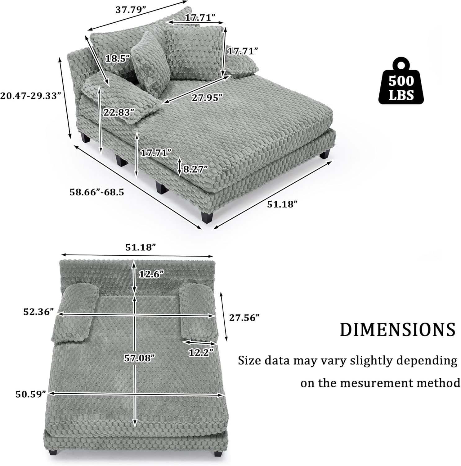 Faux Fur Chaise Lounge Indoor with Adjustable Backrest, 59 Inches Single Sleeper Sofa Chair with 3 Lumbar Pillows, Upholstered Oversized Lounge Chair for Living Room, Bedroom, Office