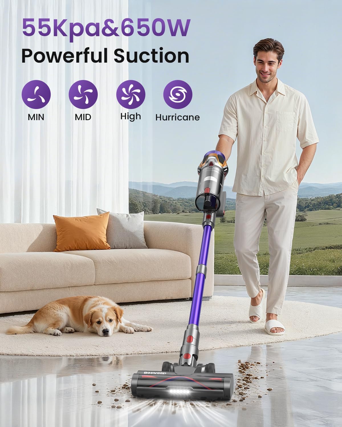 Cordless Vacuum Cleaner 55Kpa/650W/70Mins,1.8L Self Standing Stick Vacuum,Upgraded Vacuum Cordless with Hurricane Mode,Touch Screen,Anti-Tangle Wireless Vacuum,Vacuum Cleaners for Home/Pet Hair/Carpet