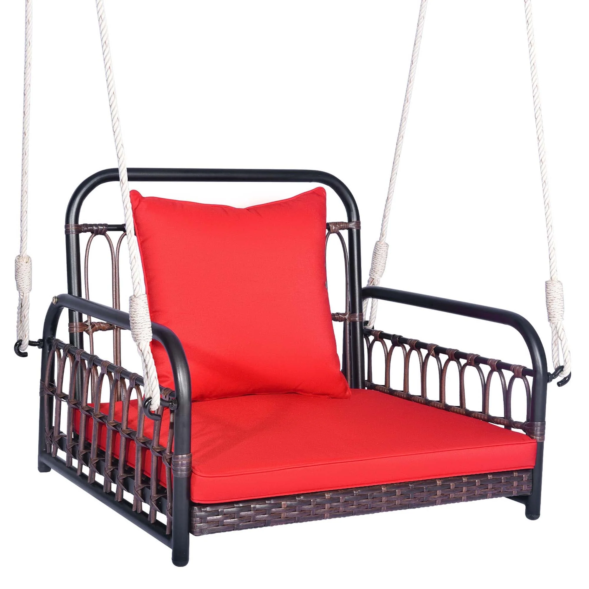 Patio Hanging Rattan Basket Chair Swing Hammock Chair w/ Seat Cushion
