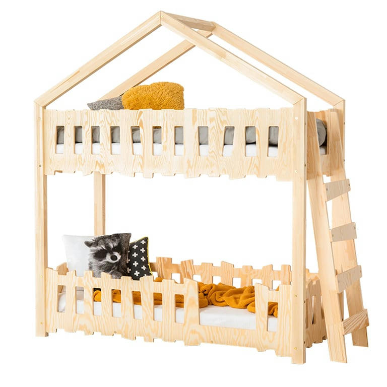 ELOÏSE - Lit cabane superposé 90x200 échelle à droite sommier inclus naturel
