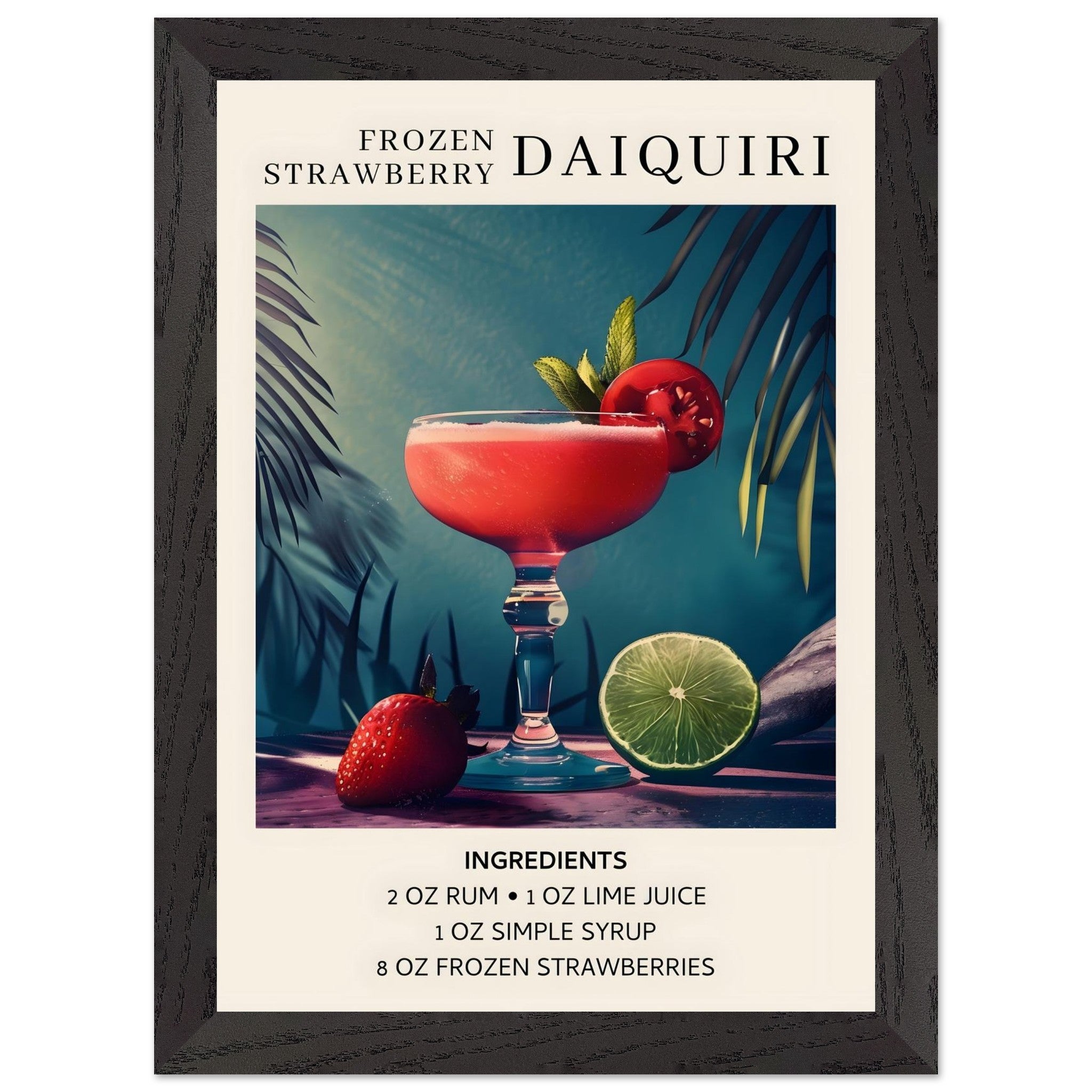 Artfulprints Poster met Lijst Frozen Strawberry Daiquiri cocktail - Ingrediënten  - A4 21x29.7 cm - Meerkleurig
