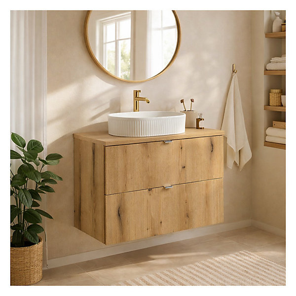 Ensemble de salle de bain suspendu VANO aspect chene 80cm : meubles sous vasque à tiroirs et plan pour vasque