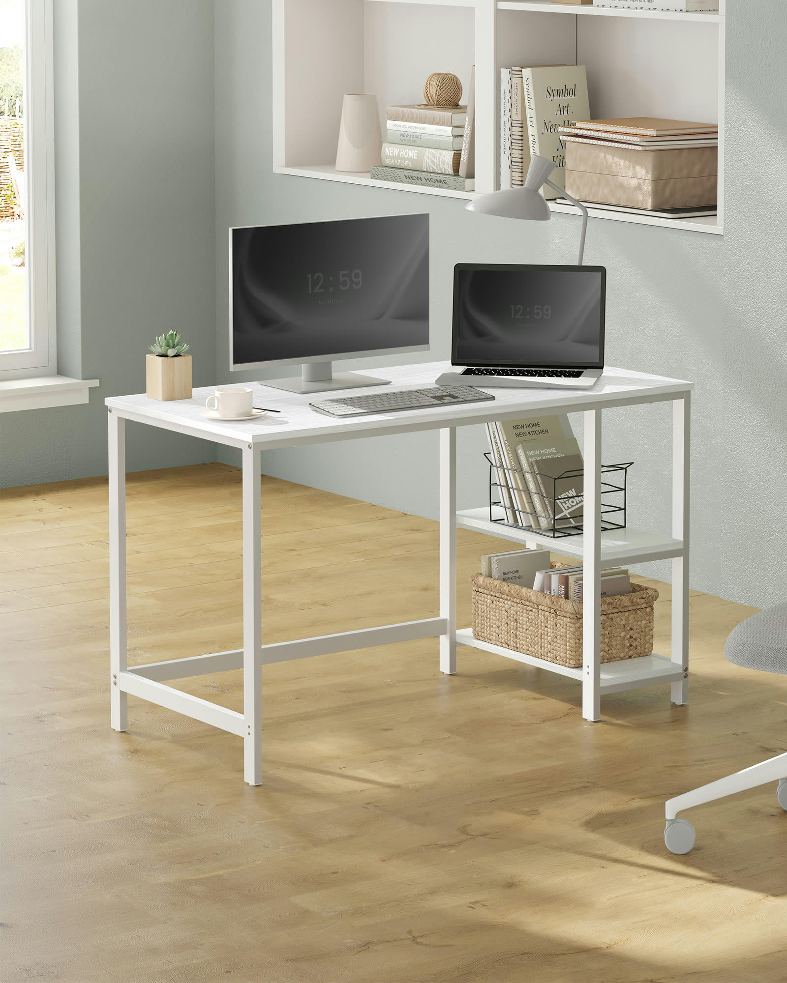 - Bureau 120 cm avec étagères réversibles effet bois blanc