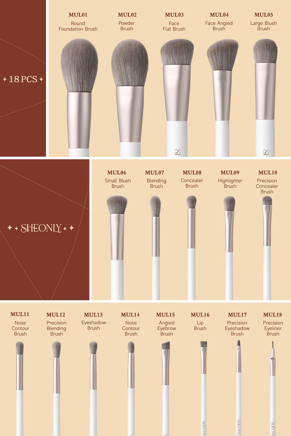 SHEONLY 18 Pcs Set Professional Makeup Brush Set with Makeup Tool