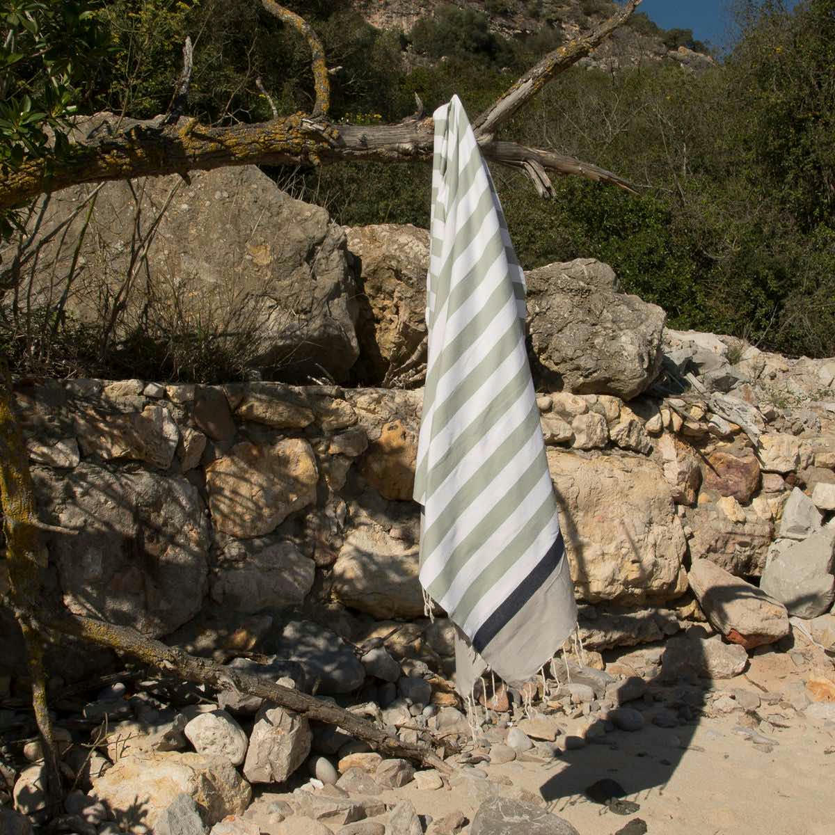 ARCACHON - Fouta tricolore coton  100x200 eau de nil / bleu jean