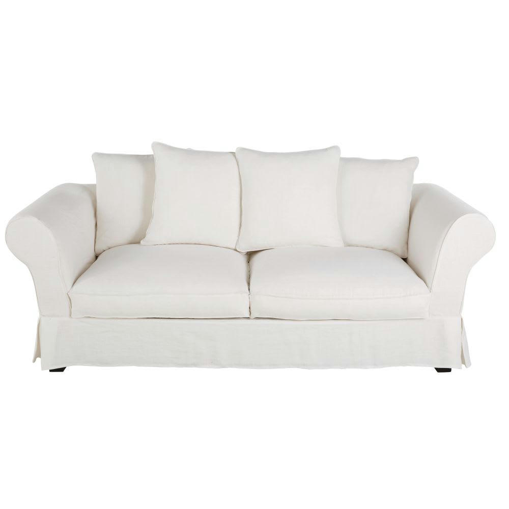 Roma - Housse de canapé fixe et convertible 3/4 places (6 cm) en lin froissé blanc