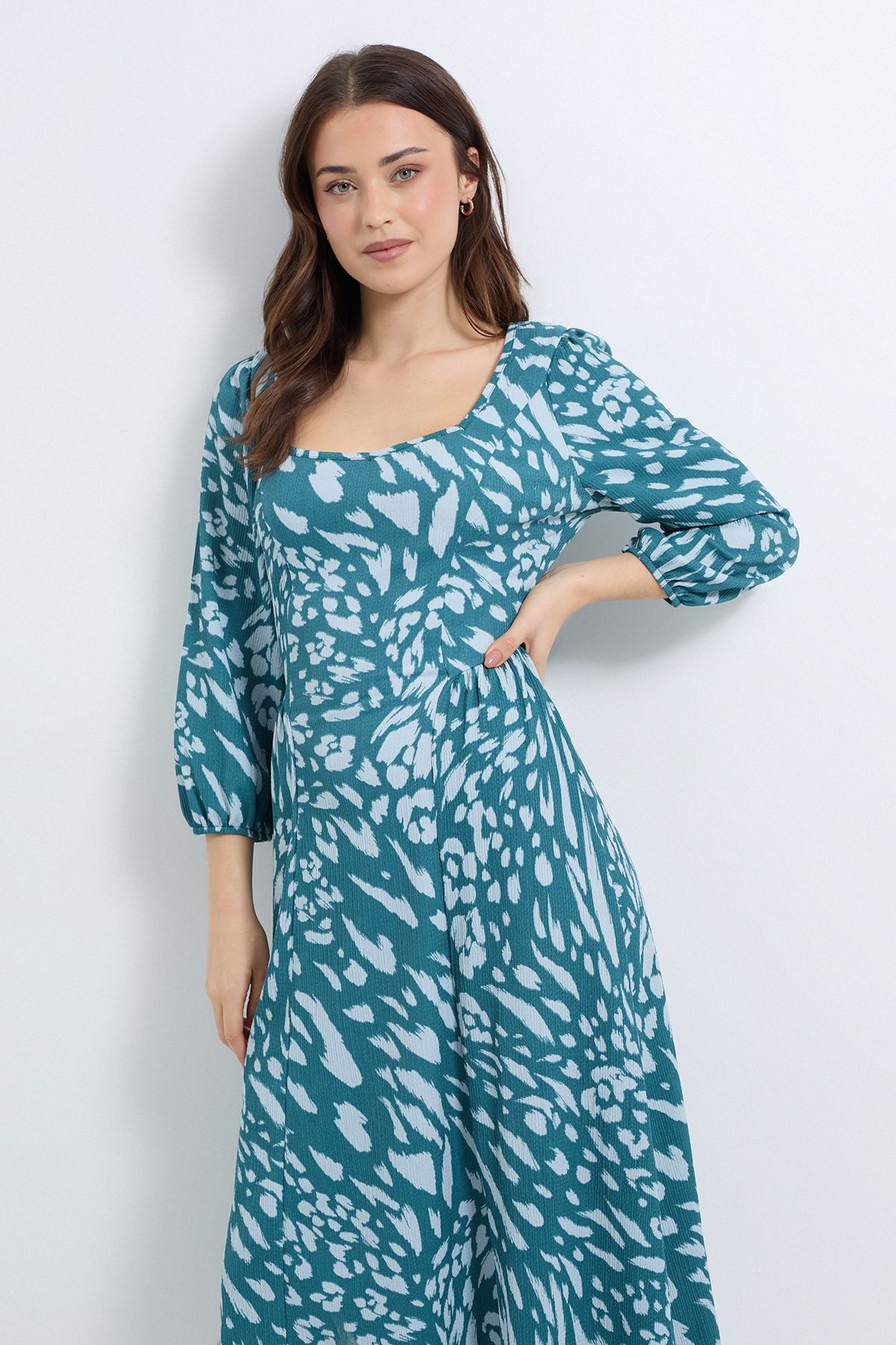 Dorothy Perkins Blue Animal Sweetheart Neck Dropped Waist Seam Midi Dress