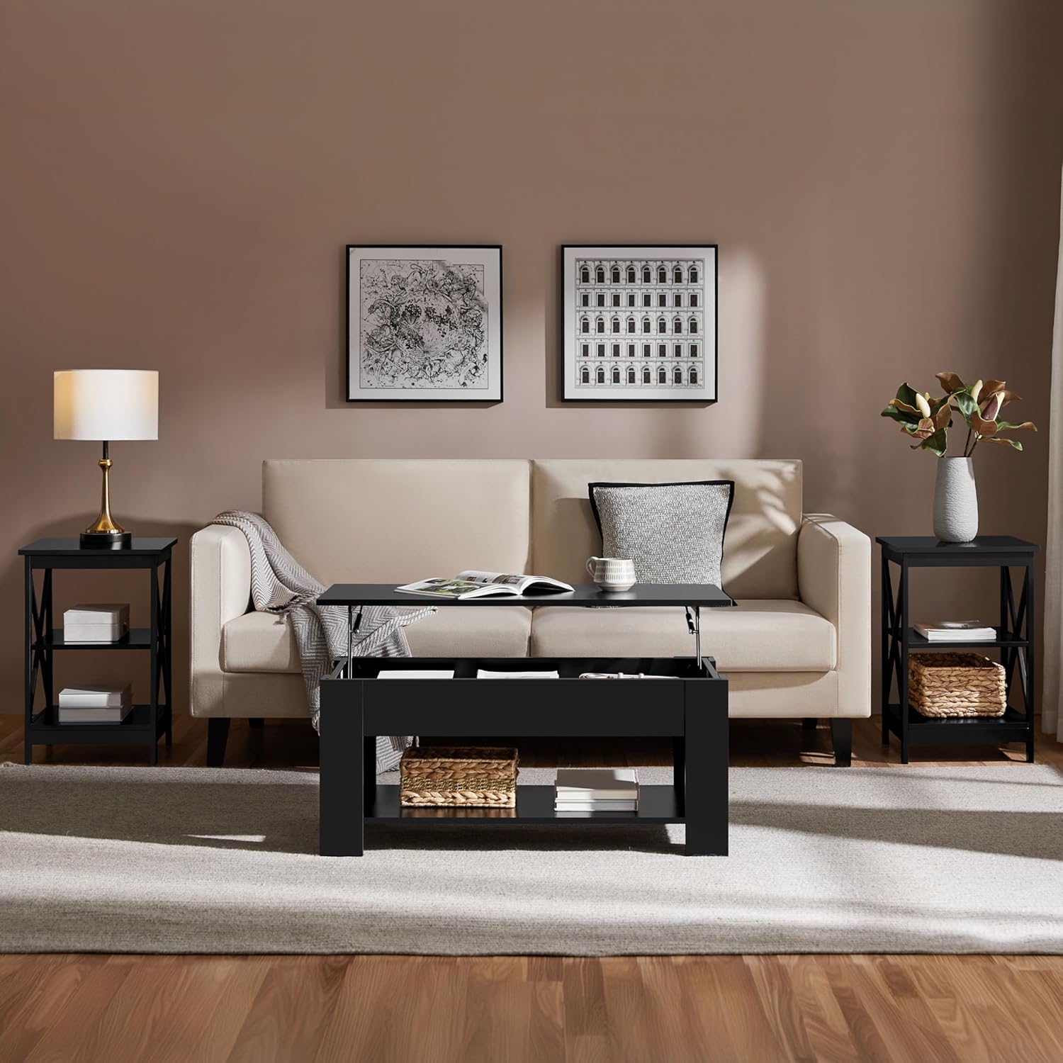 Yaheetech Modern Living Room 3 Pieces Table Sets, Lift Top Coffee Table and End Table Sets for Home and Office, Easy Assembly Accent Furniture with Hidden Compartment and Open Storage Shelf, Black