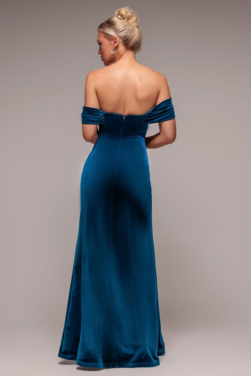 Goddiva Off The Shoulder Front Split Velvet Maxi Dress