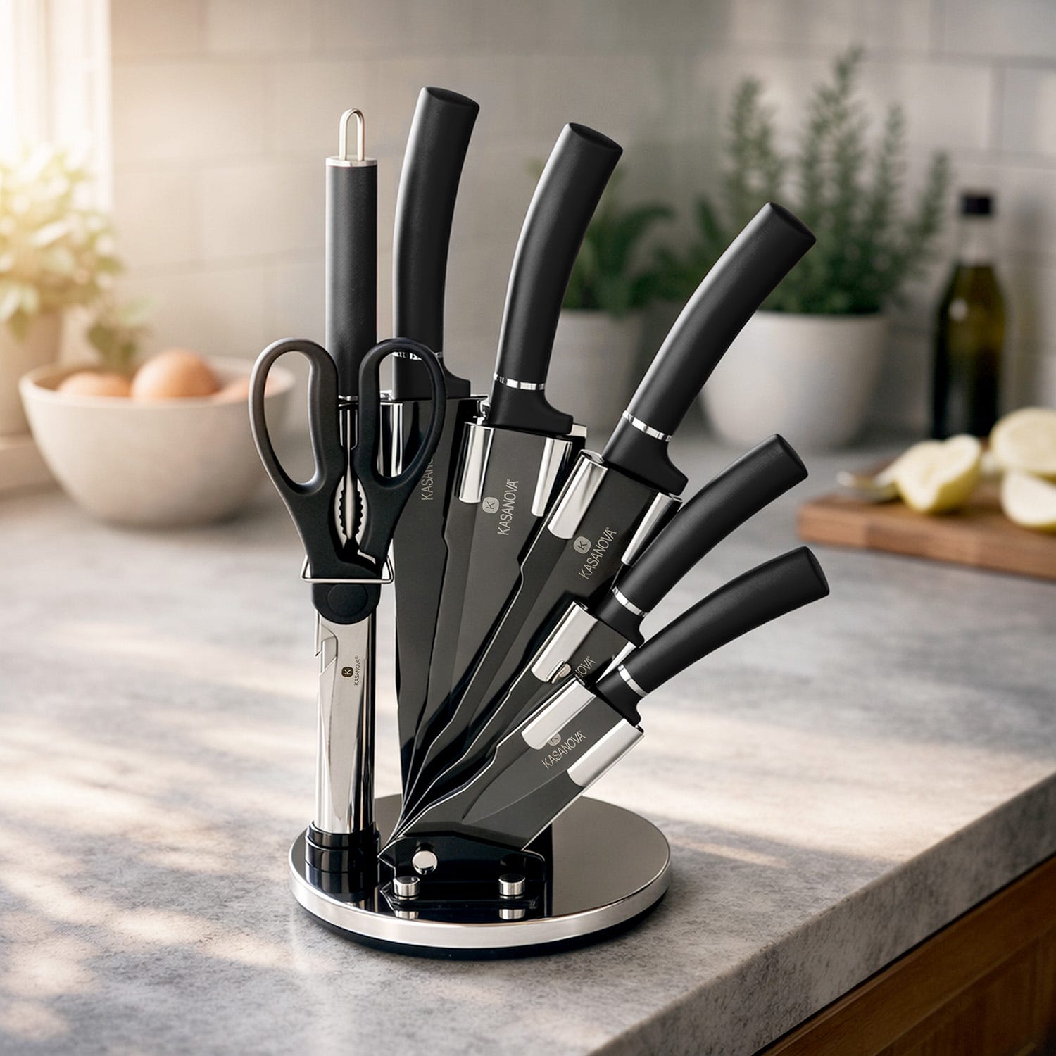 Set 5 coltelli neri con forbici, affilacoltelli e stand