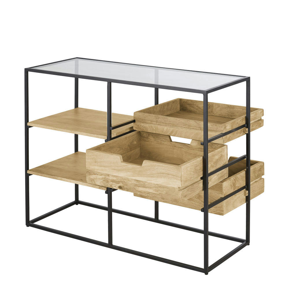 Leyton Business - Meuble de rangement professionnel en métal, verre et manguier massif L100