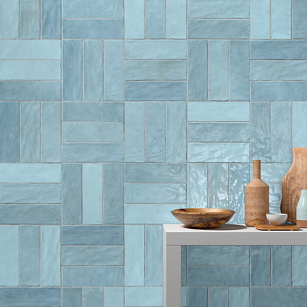 Carrelage effet Zellige Bleu Clair 20x6,5x0,85 cm Brillant Orisel - Mur intérieur (vendu par carton de 0,5 m²) - RO'MA CARRELAGE
