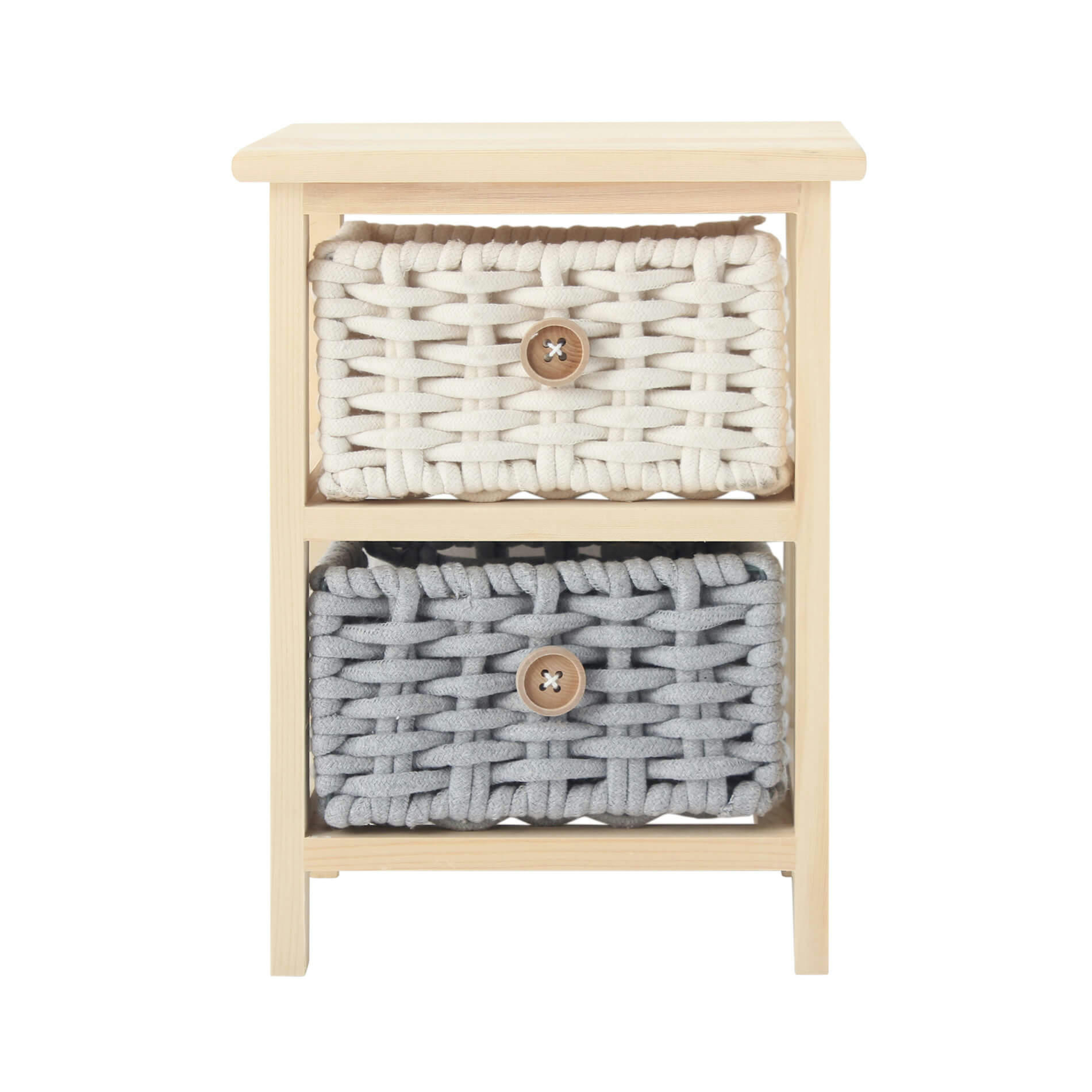 - Table de chevet à 2 tiroirs en pin tressé et coton beige et gris