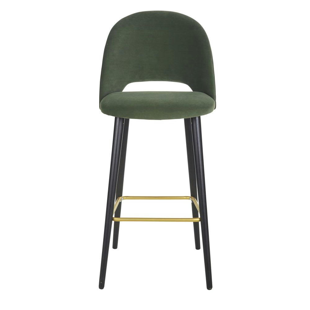 Isys - Chaise de bar en velours vert pieds en bois de frêne massif H82