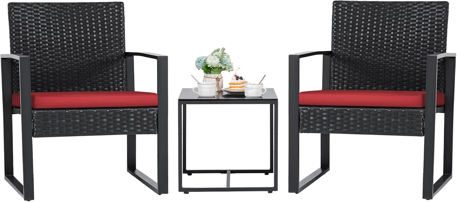 3 Pieces Patio Set Outdoor Wicker Furniture Sets Modern Rattan Chair Conversation Sets with Coffee Table for Yard and Bistro (Black)(Red)