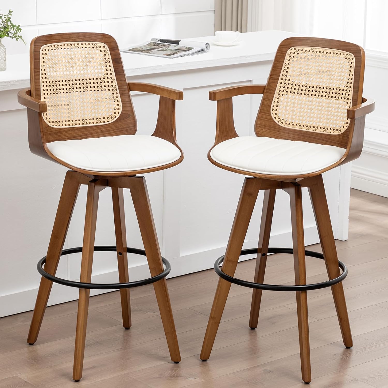 Counter Height Stools Set of 2, 26.3 Seat Height 360° Swivel Stools with Ergonomic Rattan Back, Faux Leather Seat, Bamboo Legs with Walnut Finish, Mid-Century Style (Cream)