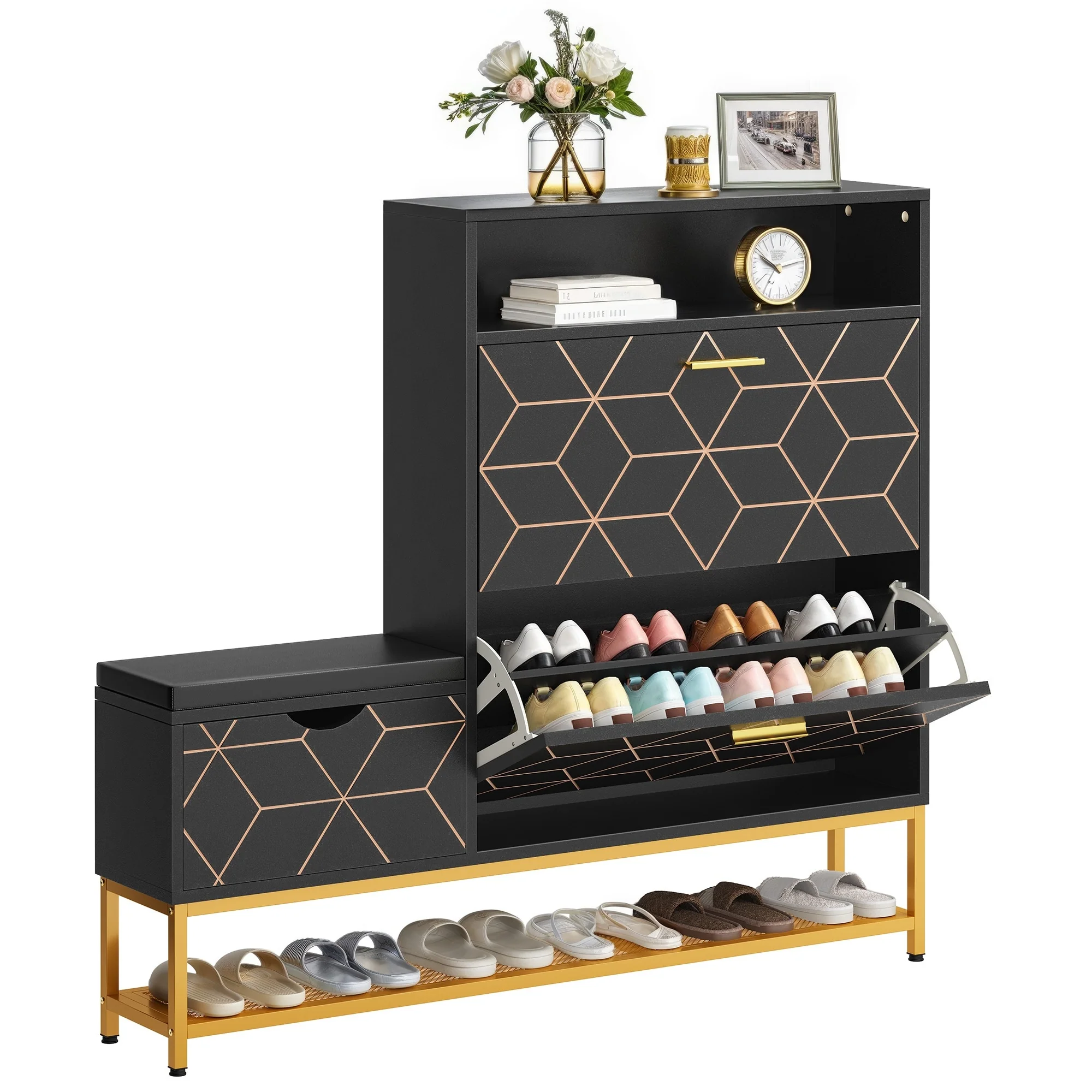 Moasis 22 Pairs Shoe Cabinet with 2 Flip Drawers, Narrow Shoes Rack with Storage Bench