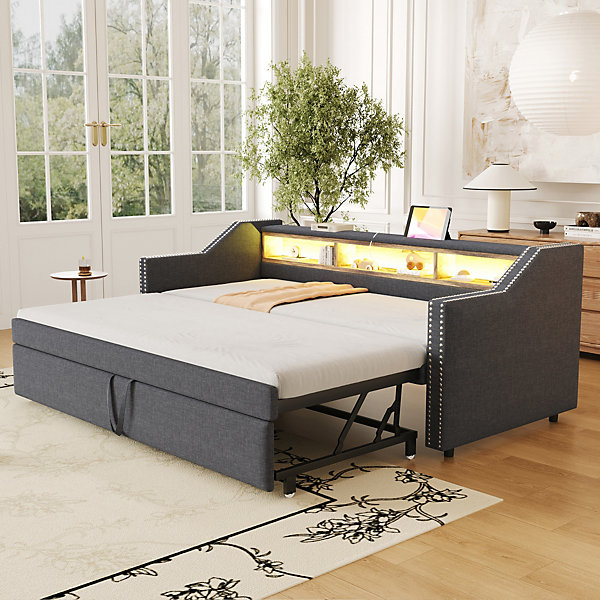 Canapé-lit 140x190 cm convertible clic-clac en tissu gris, dossier réglable, style contemporain