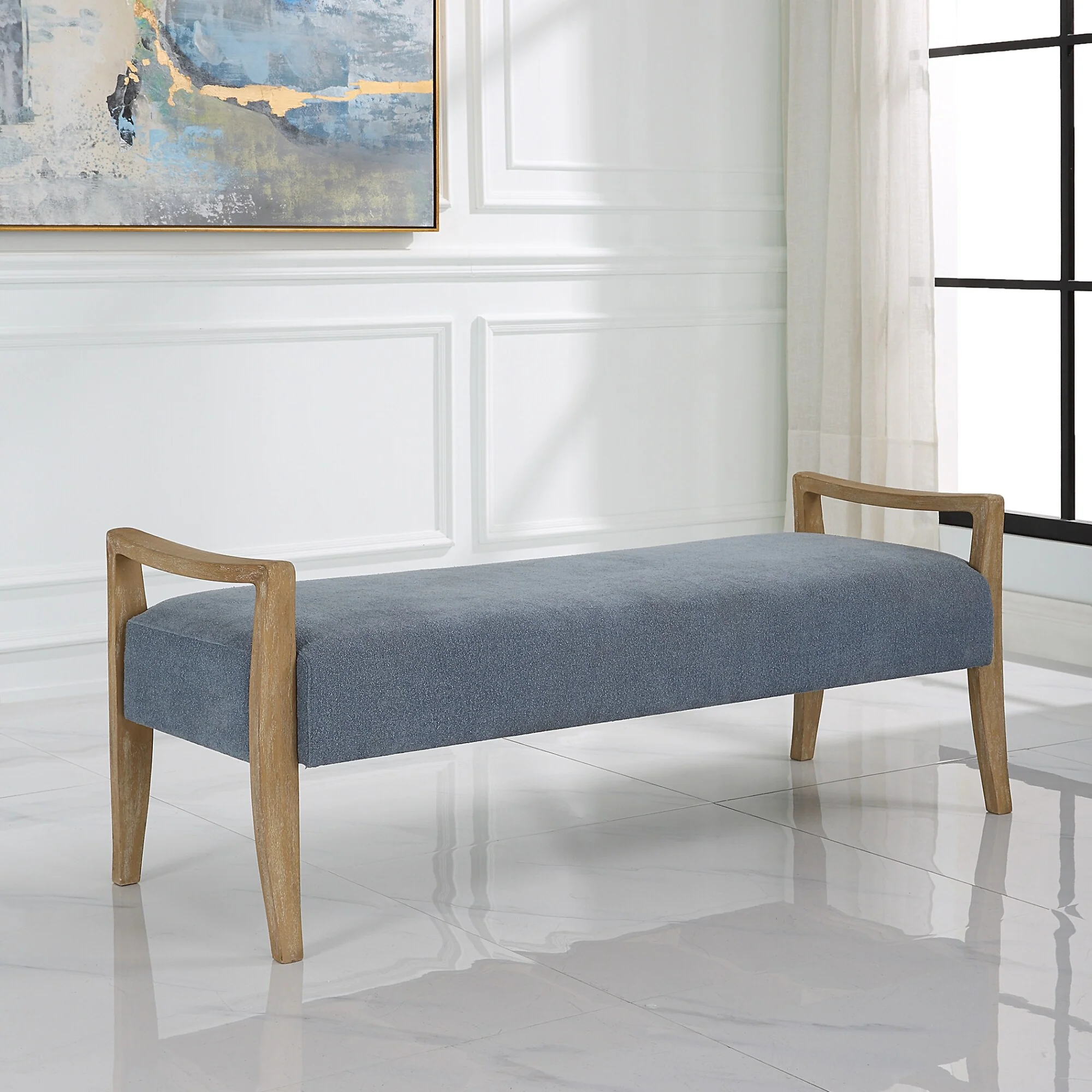 Upholstered Rectangular Bench with Curved Wooden Frame - 59.25 - Sky Blue and Brown