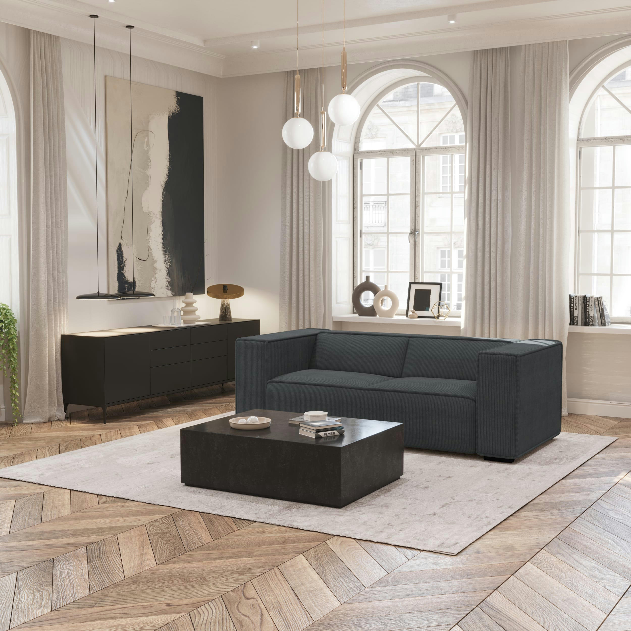 KAYA - Canapé 3 places tissu velours côtelé gris anthracite