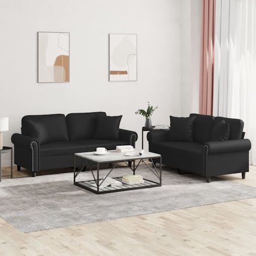 NNEVL 2 Piece Sofa Set with Pillows Black Faux Leather