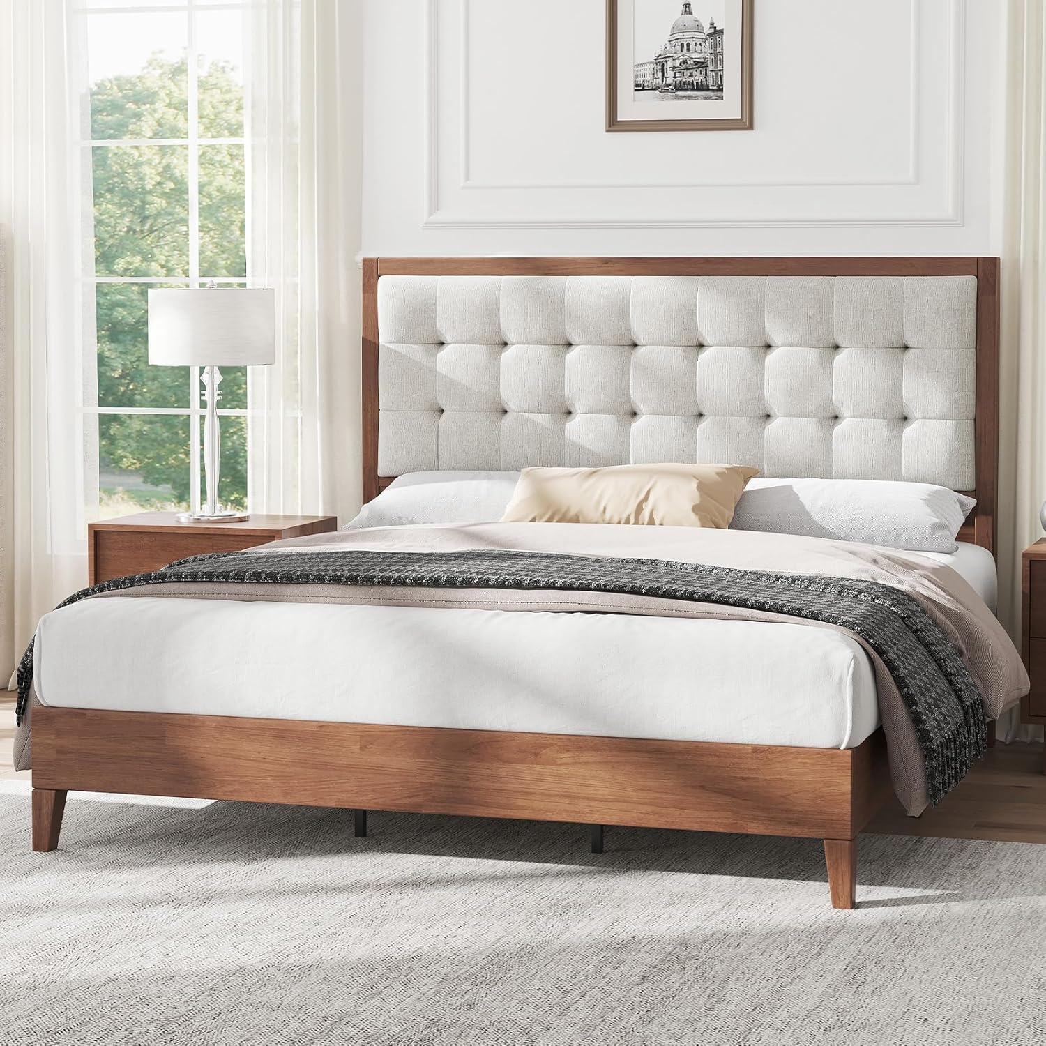 AMERLIFE King Size Bed Frame and Headboard, Solid Wooden Bed Frame King Size Platform Bed Frame Mid-Century Style, No Box Spring Required, Walnut | Back Support, Noise-Free, Easy Care, Sturdy Frame, Breathable Material
