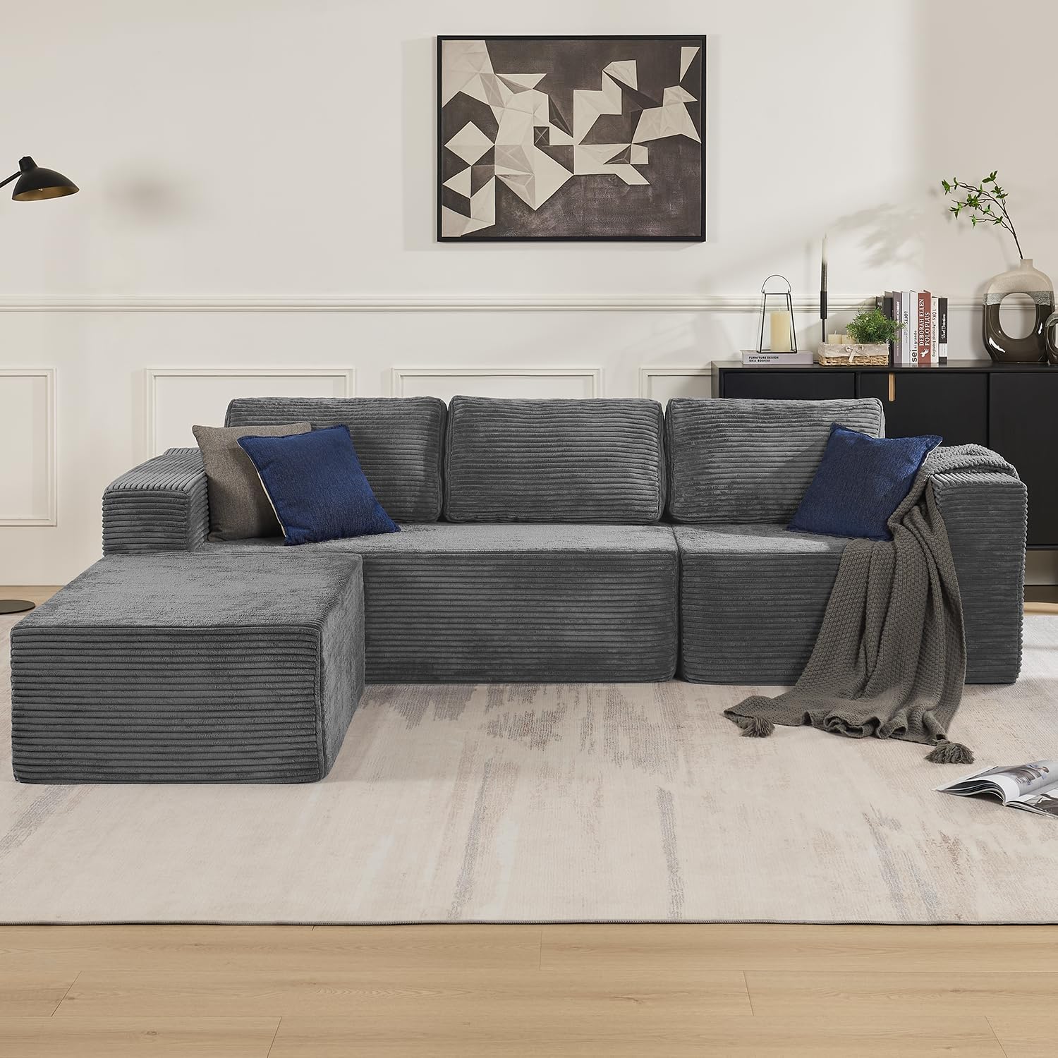 106 Modular Sectional Sofa with L-Shape Chaise, Right/Left Facing Deep Seat Cloud Couch, No Assembly Required, Upholstered Couch for Living Room Bedroom (Plush Corduroy Fabric, Grey)