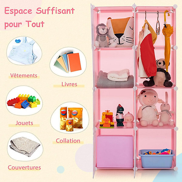 Meuble de Rangement Enfant 8 Cubes à Thème Spatial,Armoire Modulable avec Portes et Barre de Suspension,pour Chambre à Enfant,Rose