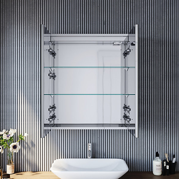 Armoire de toilette en Acier Inoxydable SIRHONA Miroir double 60x70 cm Interrupteur tactile LED   Prise rasoir   Grand rangement