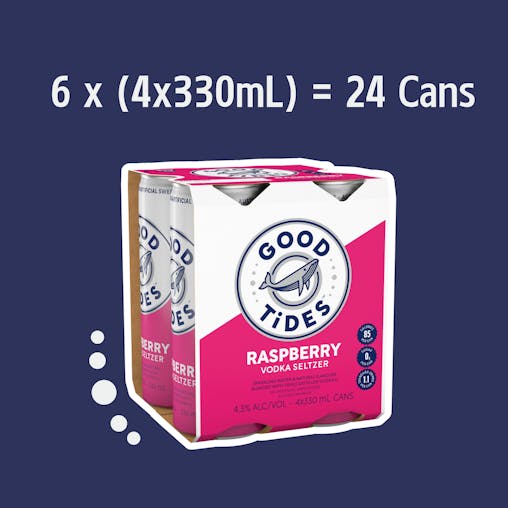 Good Tides Hard Seltzer Raspberry, Zero Sugar, Low Calorie, Refreshing Spritzed Drink, 4.3% ABV, 330mL (Case of 24 Cans)