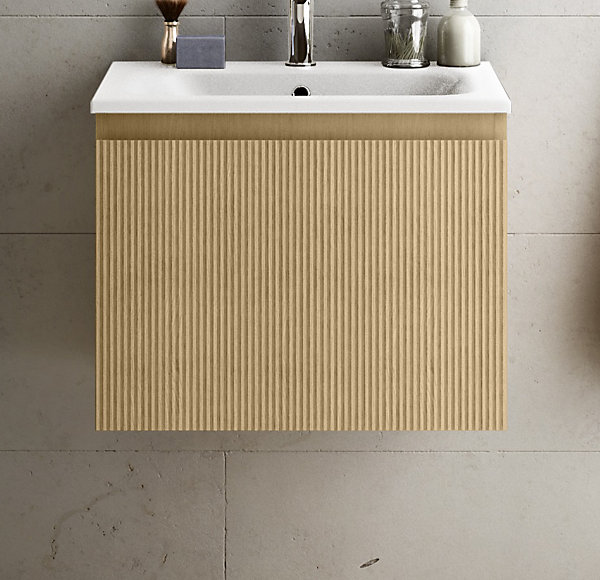 Meuble vasque suspendu plaqué chêne miel strié l.60 cm   plan vasque blanc brillant résine, Pura